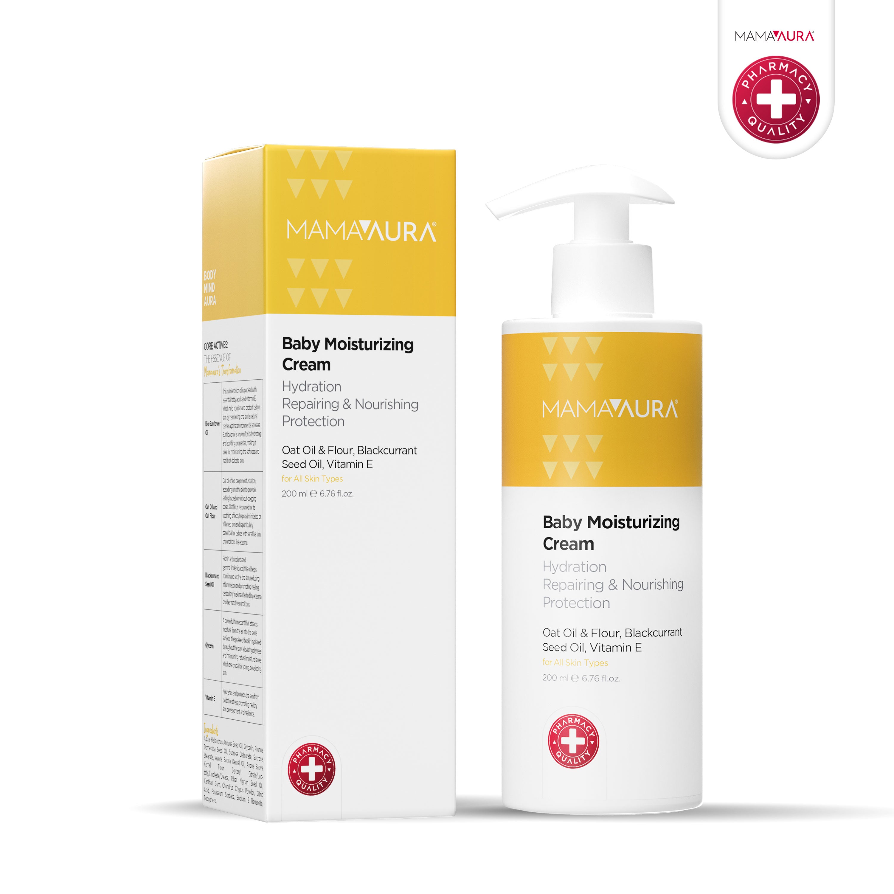 Baby Moisturizing Cream 200ml pompaj şişesi ve sarı ambalajlı kutusunun yanında, bebek cildi onarma ve besleme için Yulaf Unu, Frenk Üzümü Tohum Yağı ve Vitamin E içerikli bebek kremi