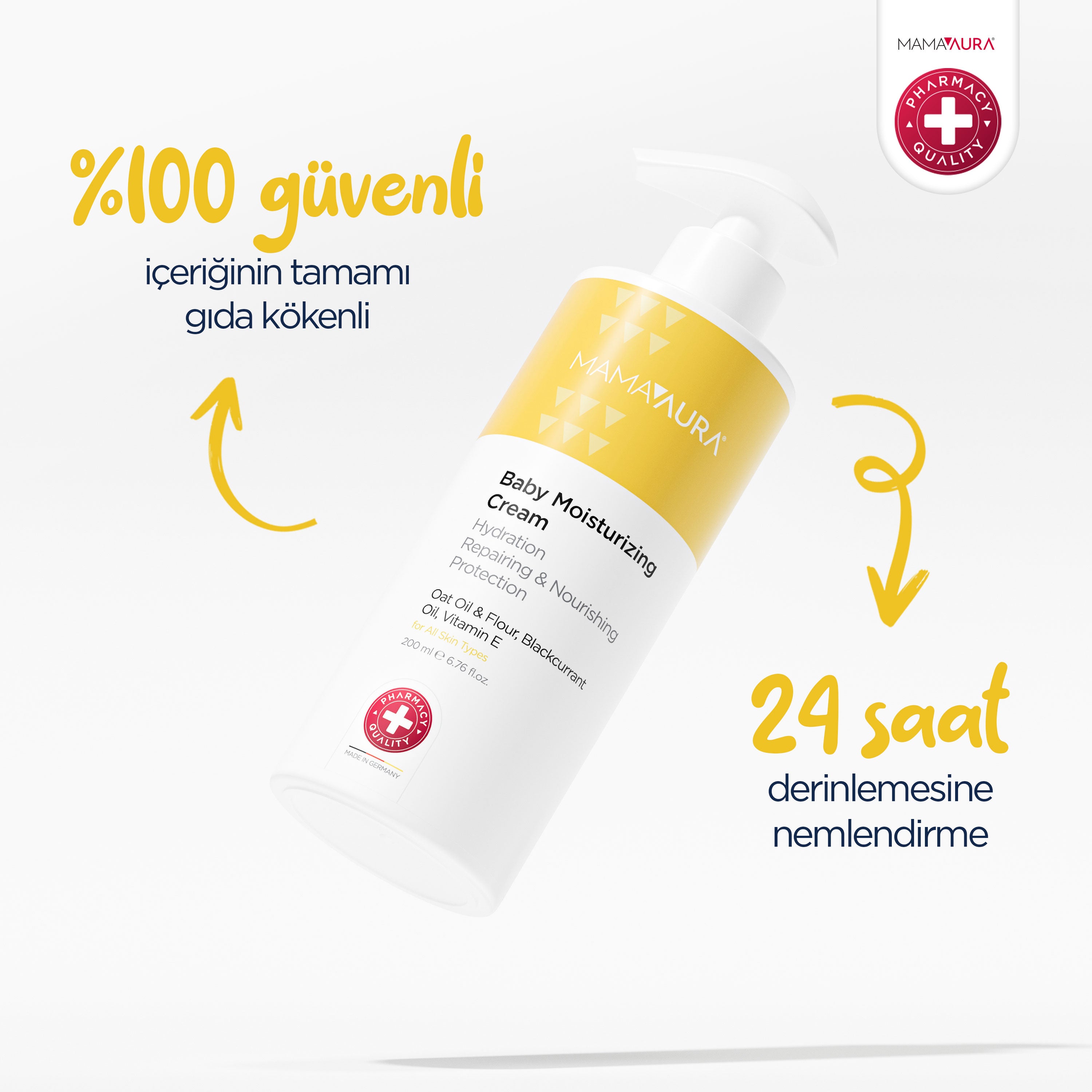 Baby Moisturizing Cream pompaj şişesi sarı oklarla, yüzde 100 gıda kökenli güvenli içerik ve 24 saat derinlemesine nemlendirme vaat eden bebek cilt bakımı klinik sonuç görseli
