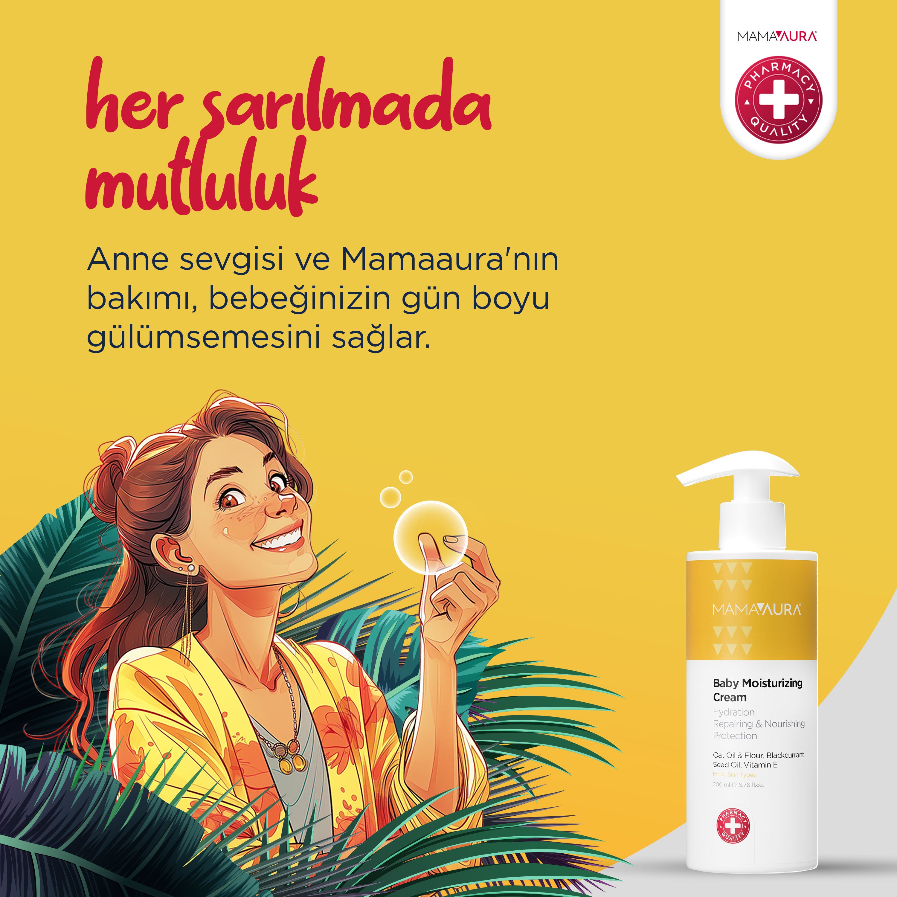 Sarı arka planda neşeli anne illüstrasyonu ve Baby Moisturizing Cream pompaj şişesi, bebeğin hassas cildini gün boyu nemli ve pürüzsüz tutan bebek nemlendirici kremi tanıtım görseli