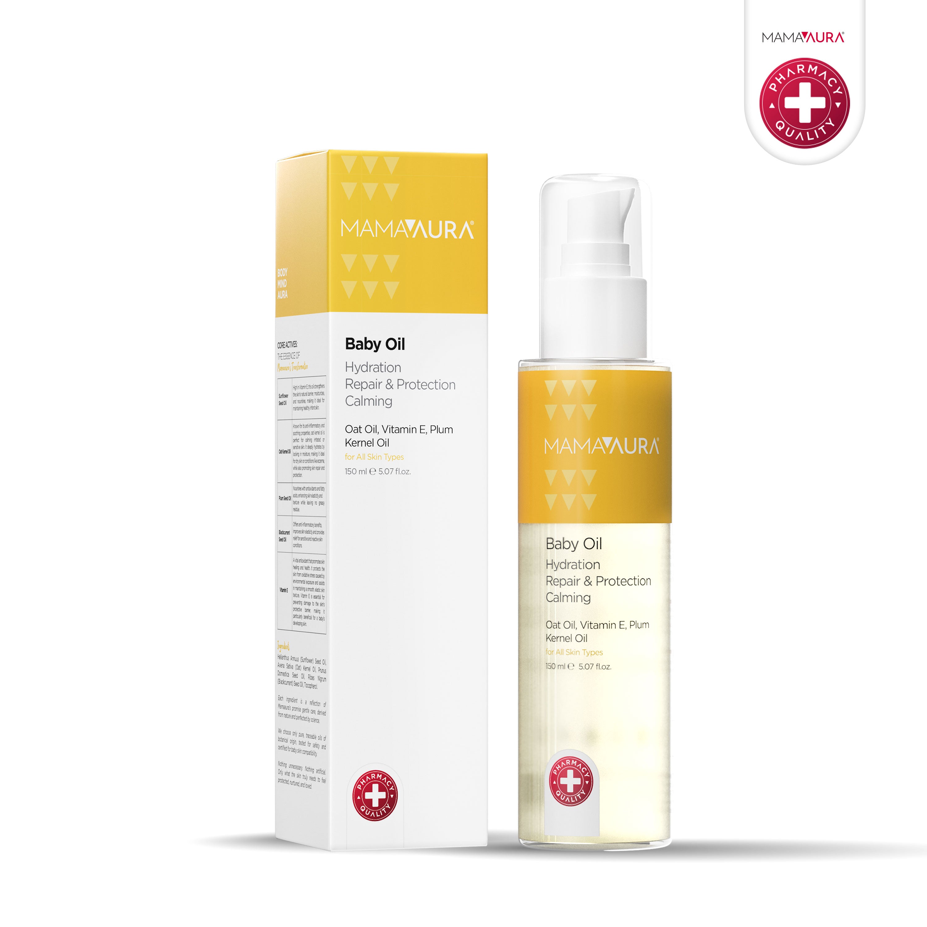 Baby Oil 150ml şişesi ve sarı ambalajlı kutusunun yanında, bebek cildini beslemek ve korumak için Yulaf Yağı, Vitamin E ve Erik Çekirdeği Yağı içerikli sakinleştirici bebek yağı