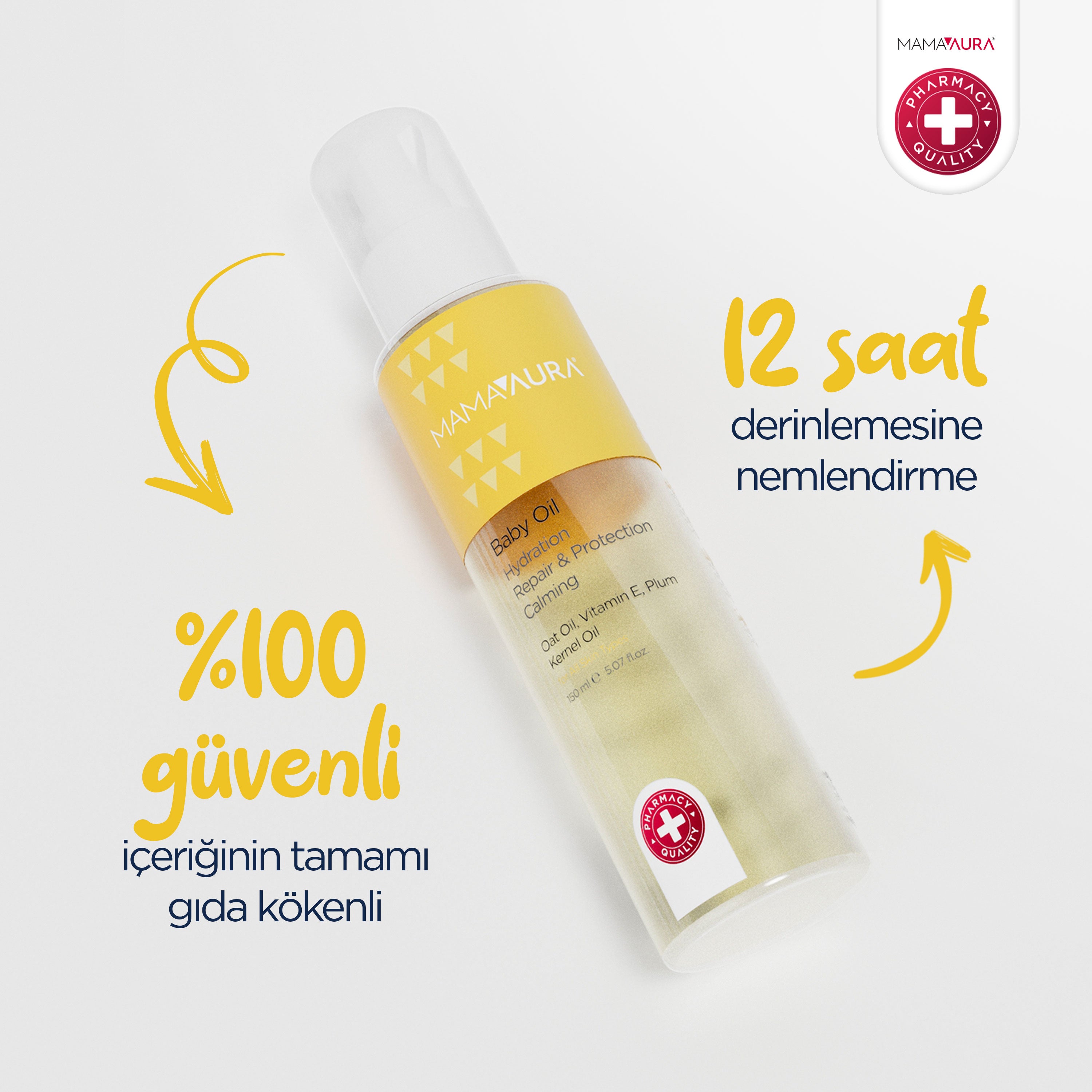 Baby Oil şişesi sarı oklarla, yüzde 100 gıda kökenli güvenli içerik ve 12 saat derinlemesine nemlendirme vaat eden bebek cilt bakımı klinik sonuç görseli