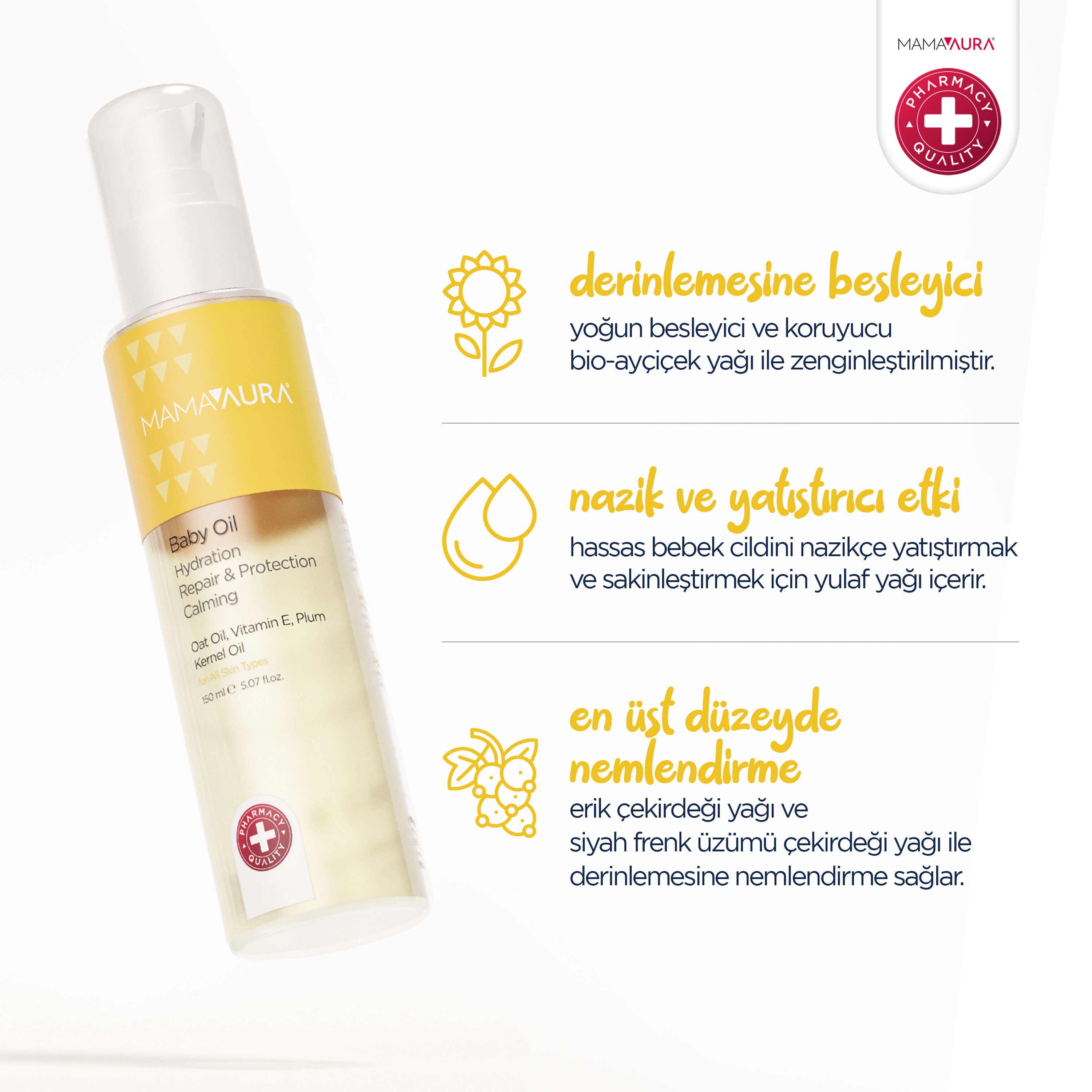 Baby Oil şişesi yanında derinlemesine besleyici bio ayçiçek yağı, Yulaf Yağı ile yatıştırıcı etki ve Erik Çekirdeği Yağı ile üst düzey nemlendirme faydalarını açıklayan üç bölümlü infografik