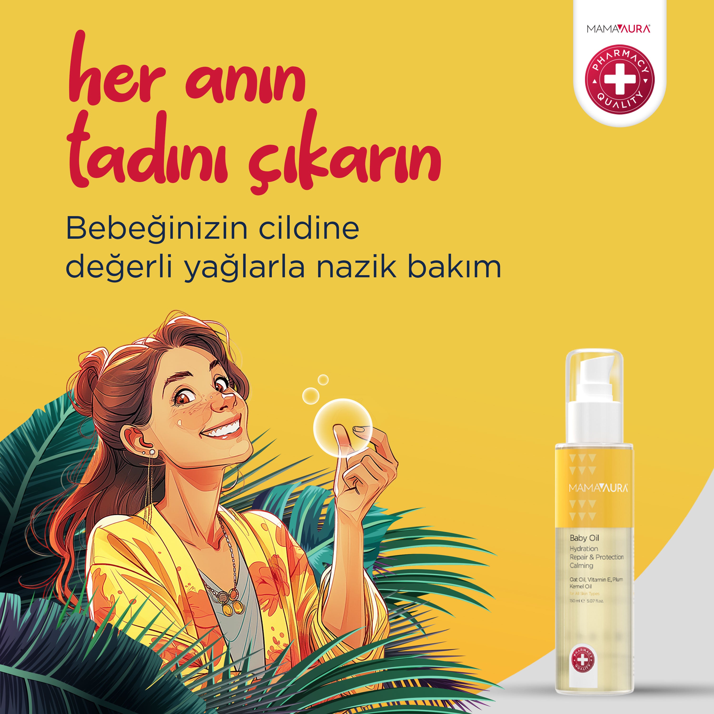 Sarı arka planda neşeli anne illüstrasyonu ve Baby Oil şişesi, bebeğin hassas cildine değerli yağlarla nazik ve yatıştırıcı bakım sunan bebek yağı tanıtım görseli