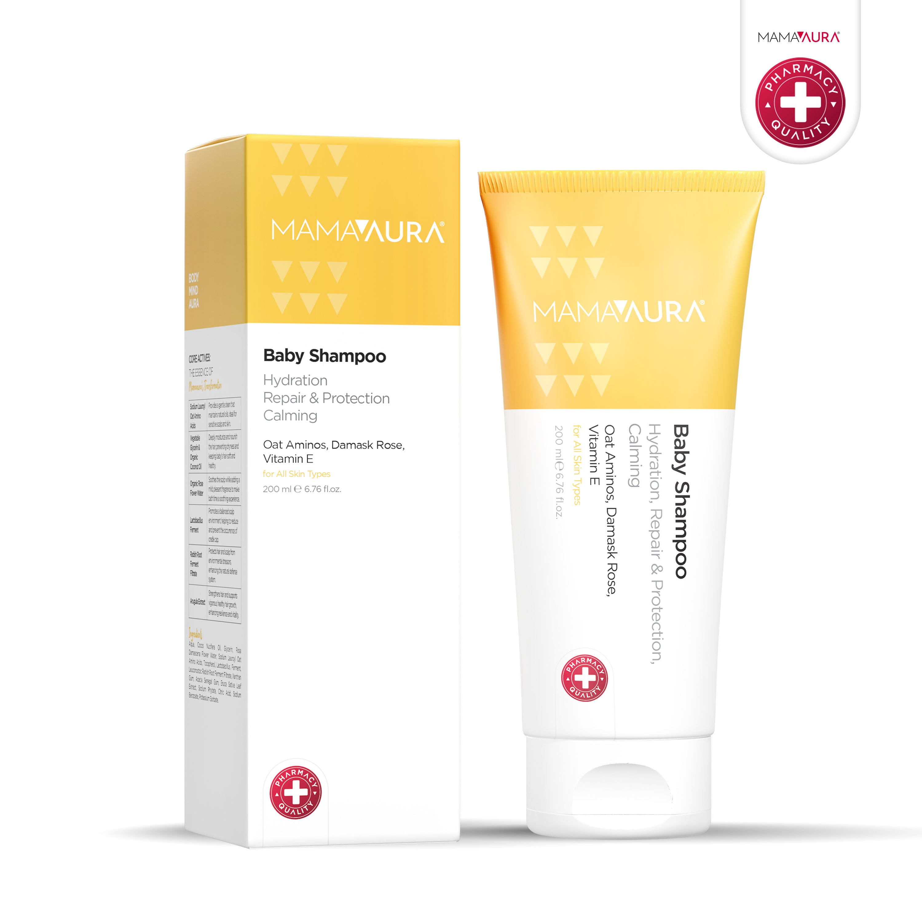 Baby Shampoo 200ml tüpü ve sarı ambalajlı kutusunun yanında, hassas bebek saçı için Yulaf Amino Asiti, Şam Gülü ve Vitamin E içerikli nemlendirici ve yatıştırıcı bebek şampuanı