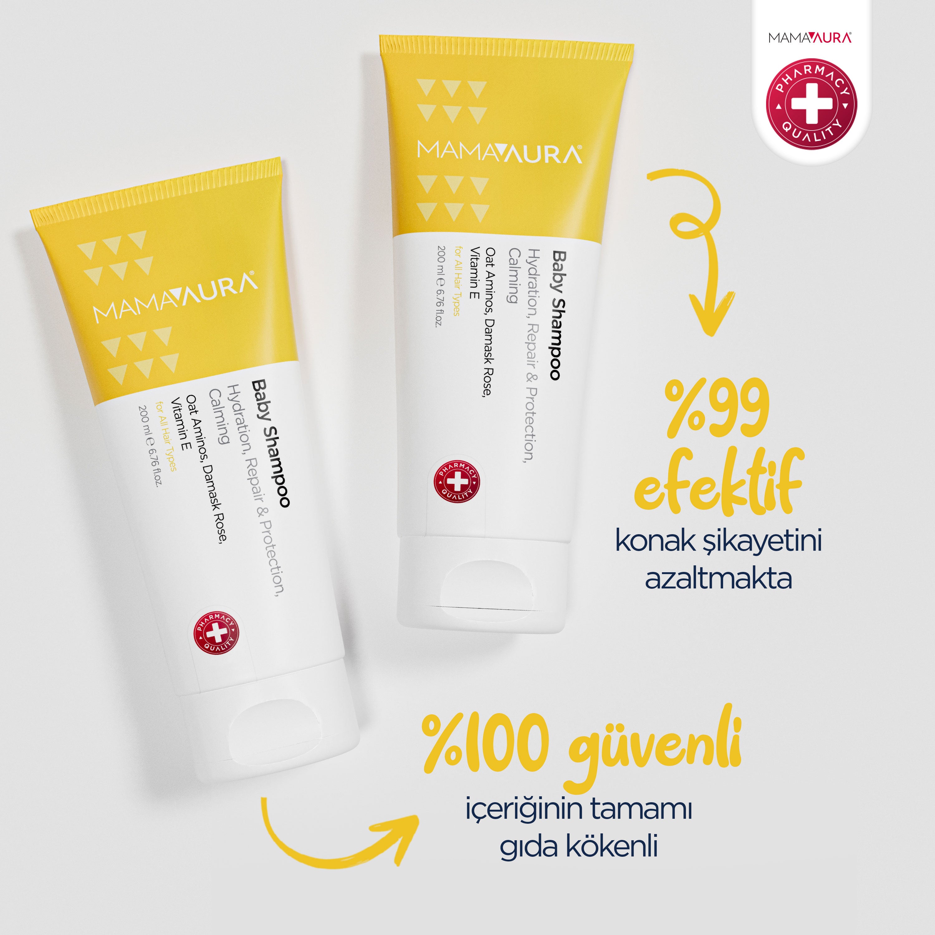 İki Baby Shampoo tüpü sarı oklarla, yüzde 99 etkinlikle konak şikayetini azaltan ve içeriğinin tamamı gıda kökenli güvenli bileşenlerden oluşan bebek şampuanı klinik sonuç görseli