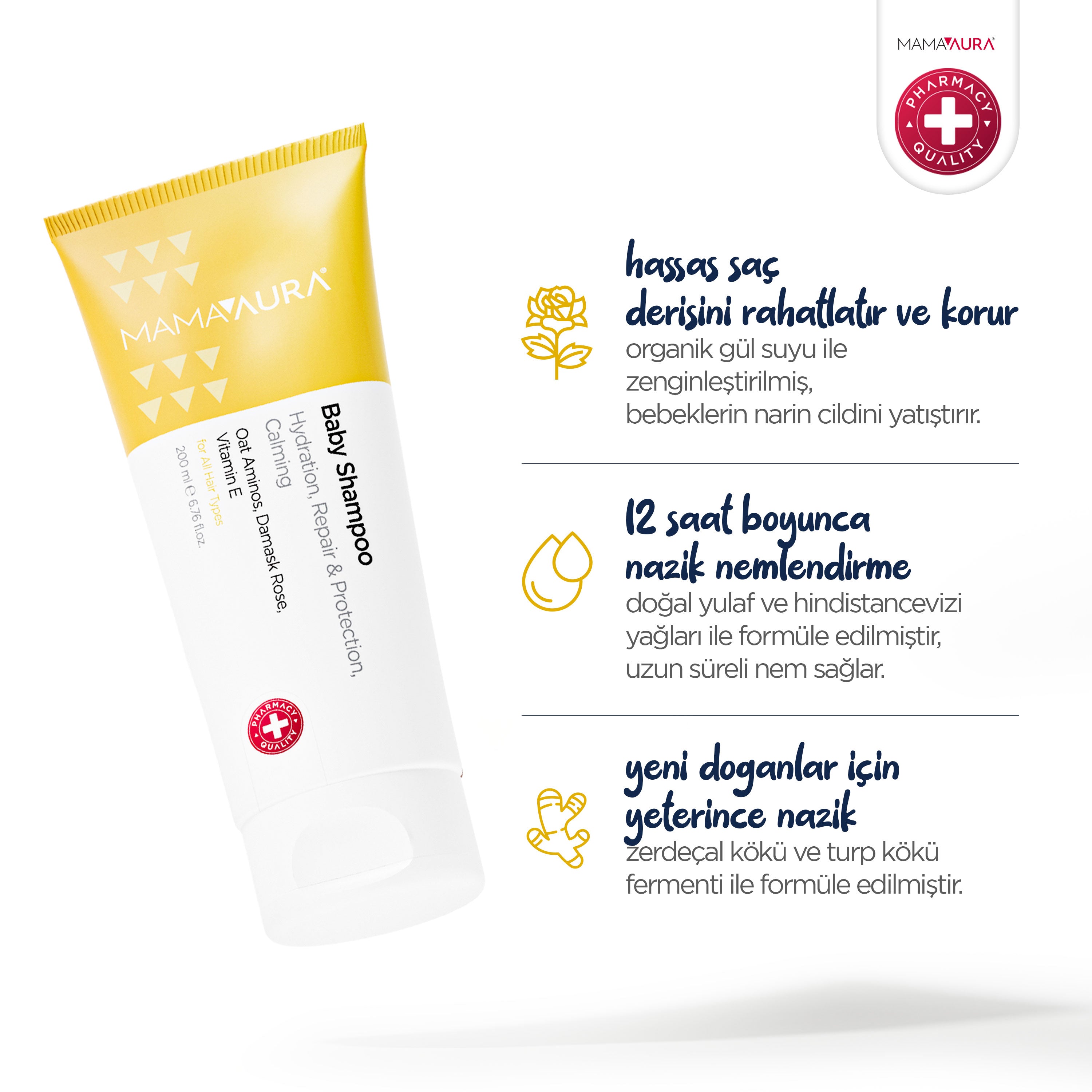 Baby Shampoo tüpü yanında organik gül suyu ile saç derisi koruma, Hindistancevizi Yağı ile 12 saat nemlendirme ve Zerdeçal Kökü ile yenidoğana özel nazik formül infografiği