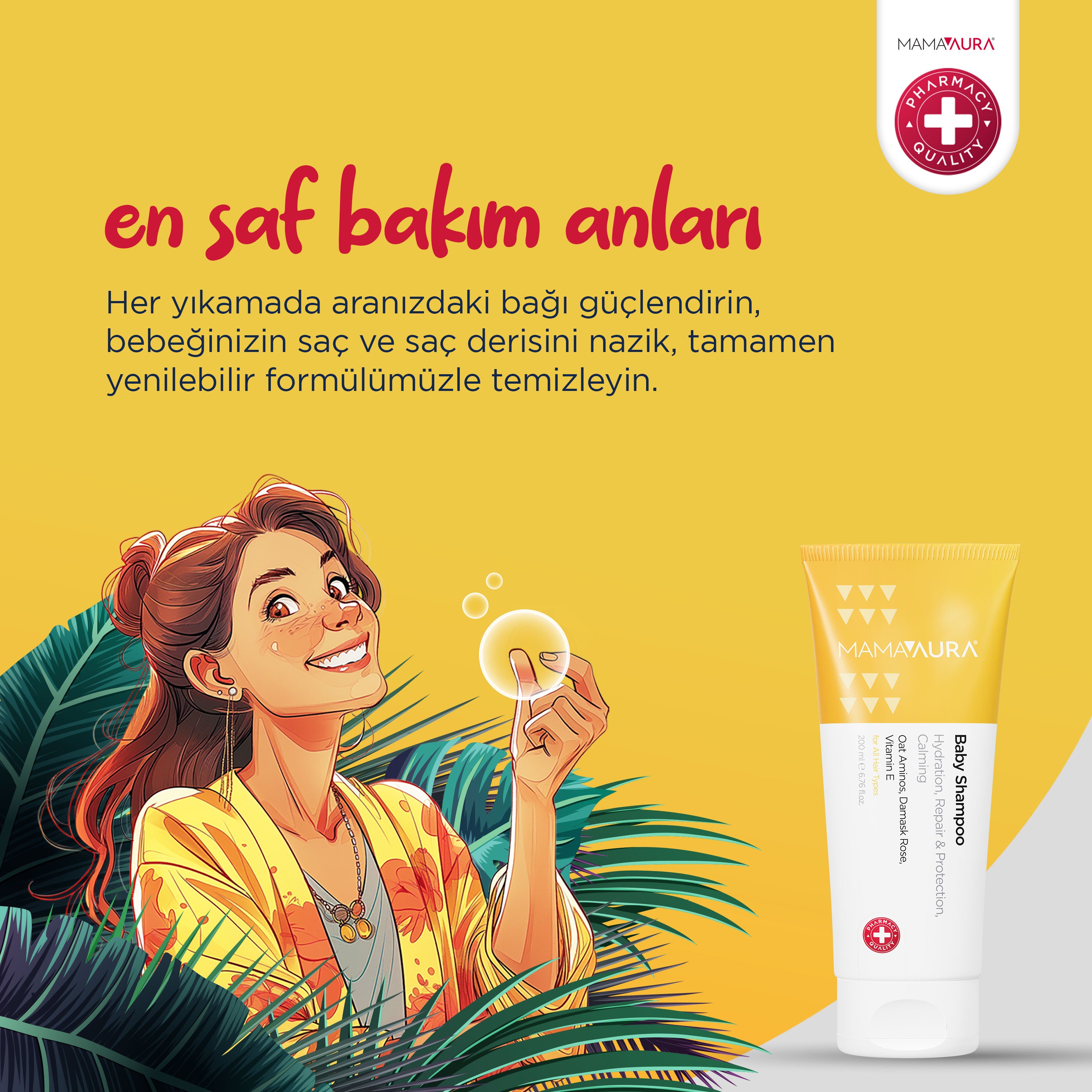 Sarı tonlu arka planda sabun köpüğüyle oynayan anne çizimi ve Baby Shampoo tüpü, tamamen yenilenebilir formülle bebeğin saç derisini sakinleştiren ve onarım sağlayan şampuan